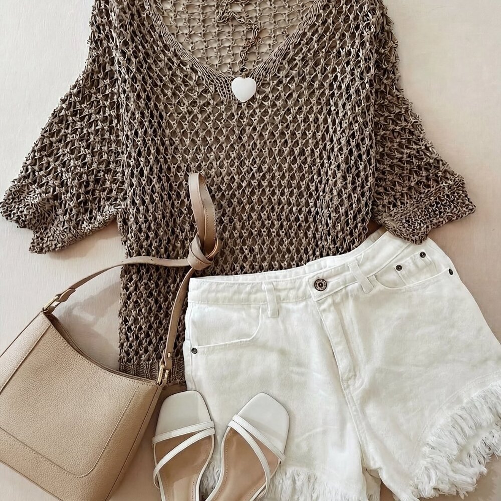 Khaki Casual Women's Loose Knitted V-Neck Sweater with Hollow-Out Short Sleeves